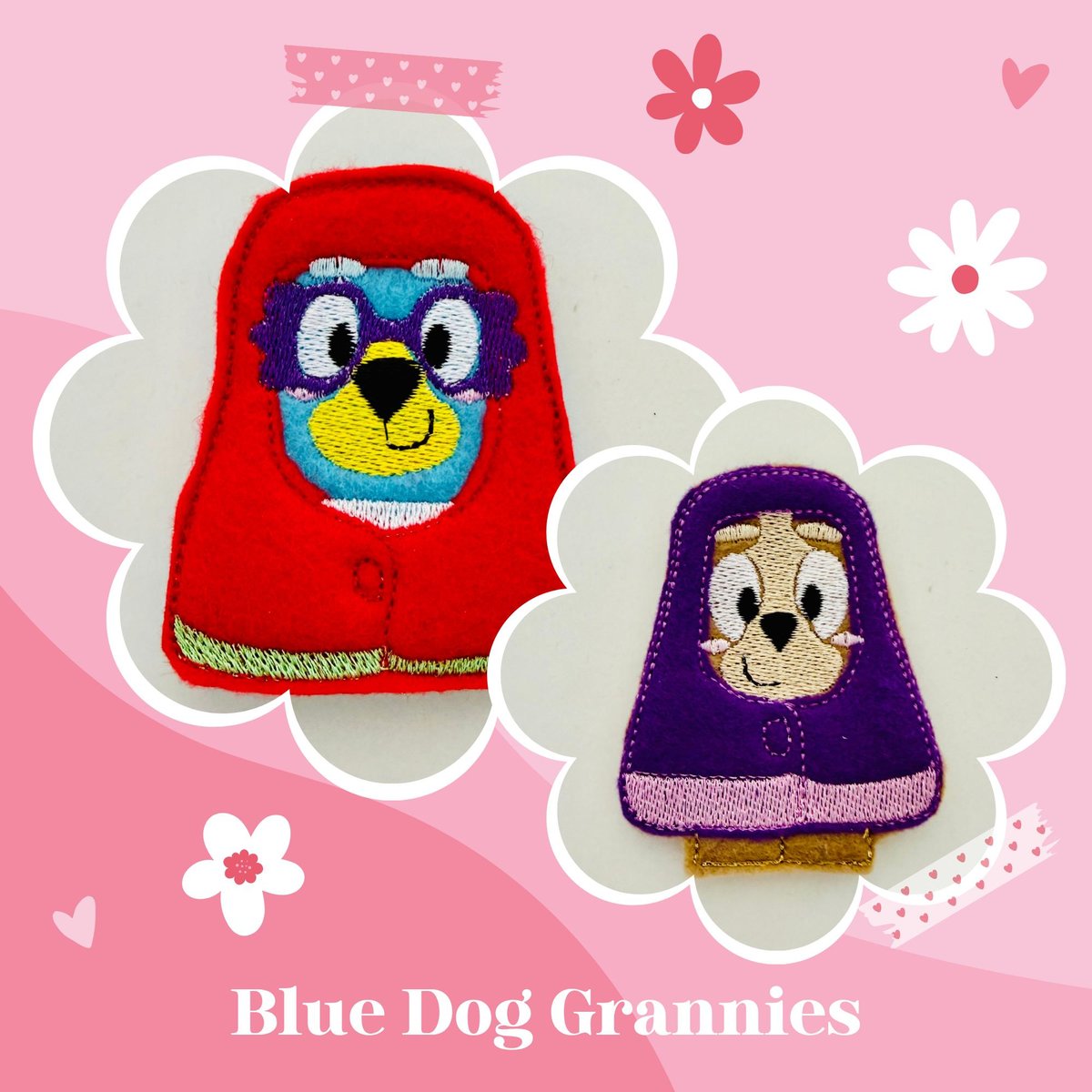 ITH Embroidered Blue Dog Grannies Finger Puppets, Handmade Felt Pretend Play Toy 4x4 Hoop