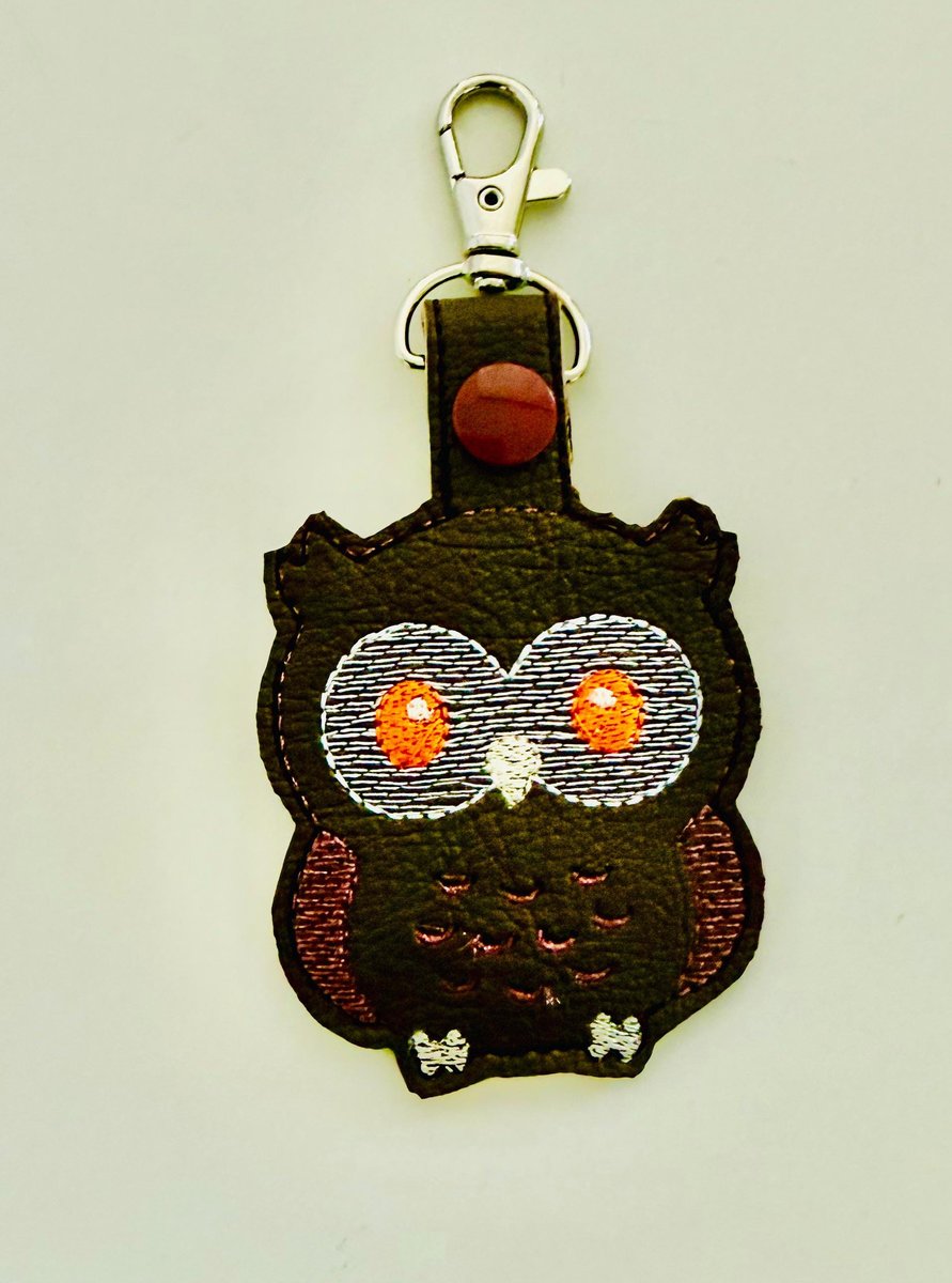 Embroidered Owl Faux Leather Key Fob, Whimsical Bag Charm (4x4 Hoop file)